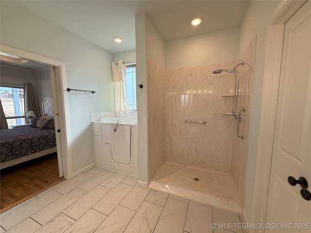 1825 E 45th Pl, Sand Springs, OK 74063 - full bathroom with marble finish floor, baseboards, connected bathroom, and walk in shower
