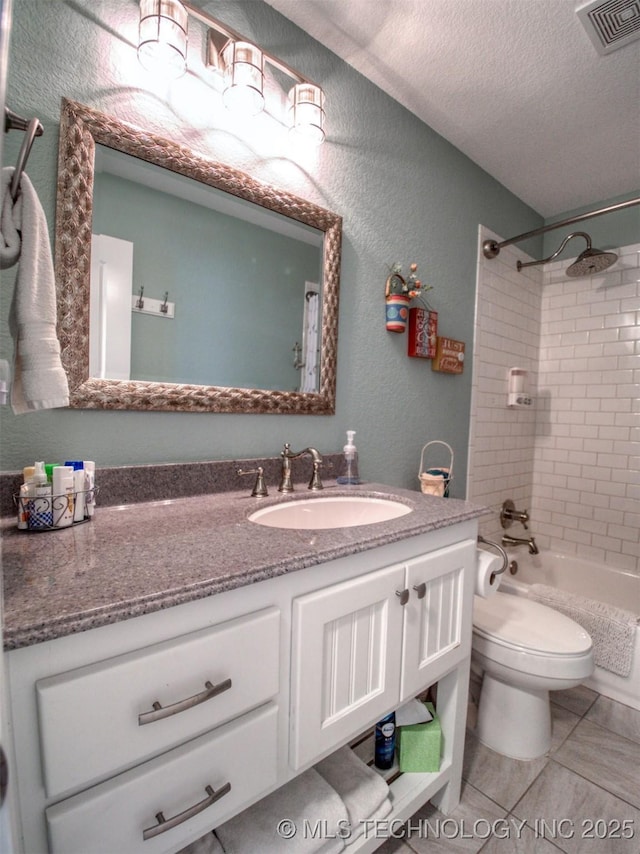 full bath with bathing tub / shower combination, visible vents, a textured wall, a textured ceiling, and vanity