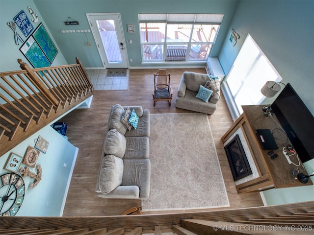 living area featuring a fireplace, baseboards, and wood finished floors