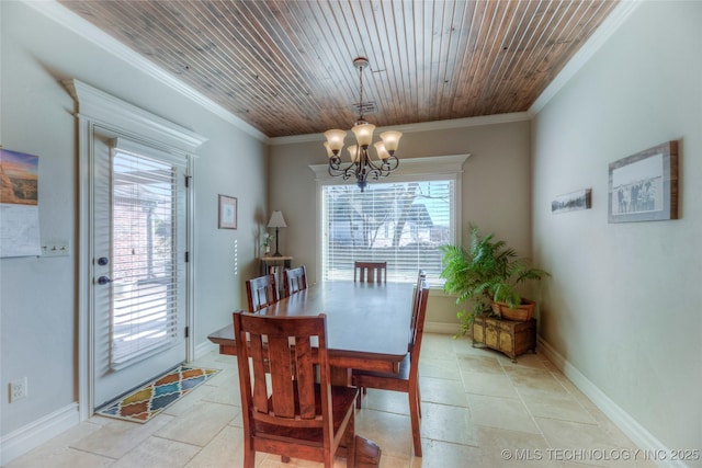 dining room featuring wood ceiling, a notable chandelier, crown molding, and baseboards