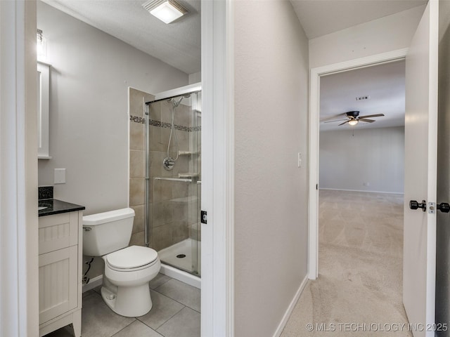 full bath with toilet, a stall shower, tile patterned flooring, and vanity