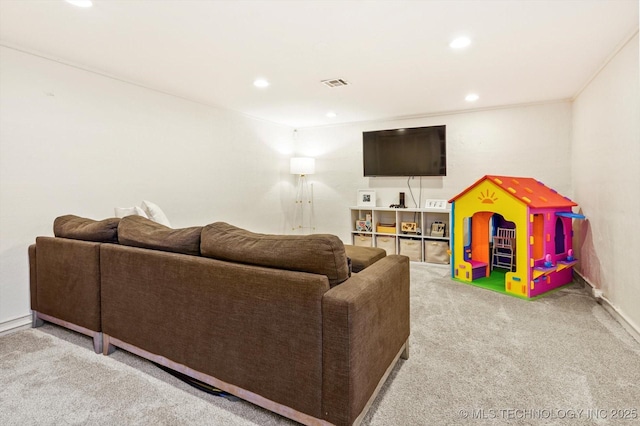 living room featuring recessed lighting, visible vents, and light colored carpet