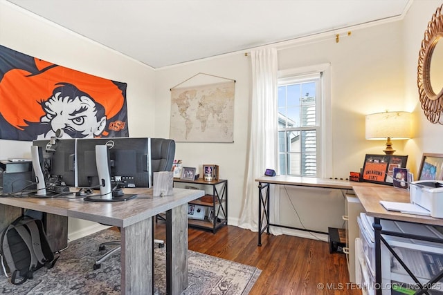 office featuring dark wood-style flooring and baseboards