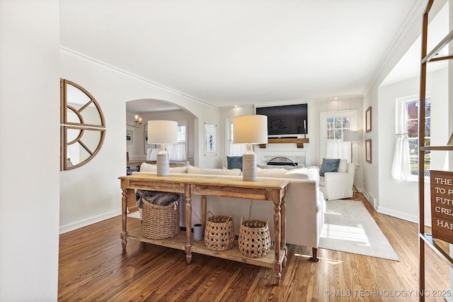 living area with baseboards, arched walkways, wood finished floors, and ornamental molding