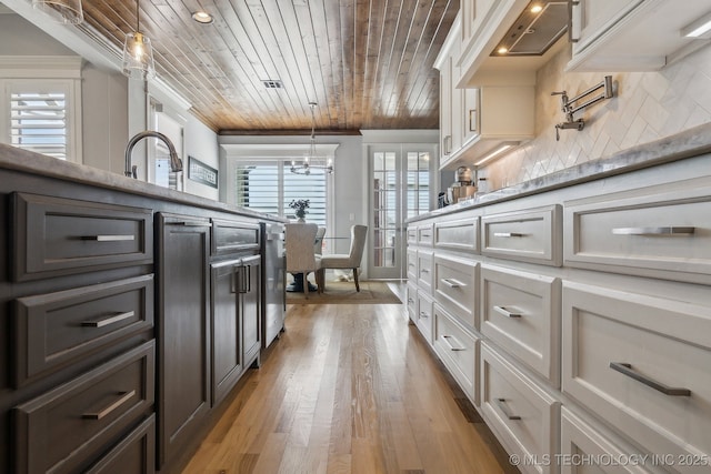 kitchen featuring pendant lighting, light countertops, decorative backsplash, white cabinetry, and wooden ceiling