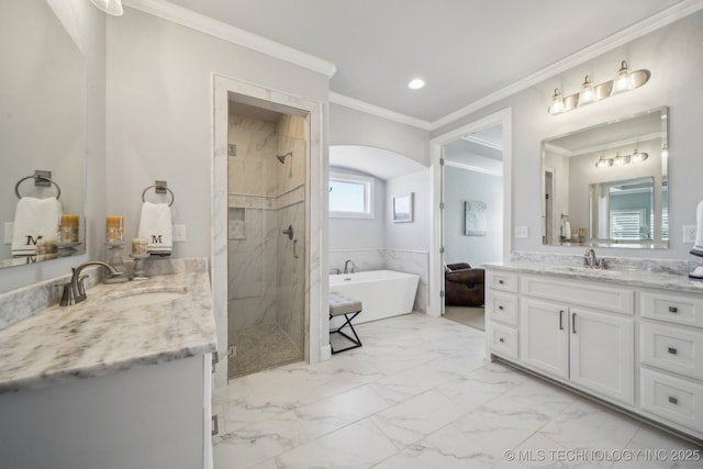 full bath featuring marble finish floor, a sink, a marble finish shower, and crown molding