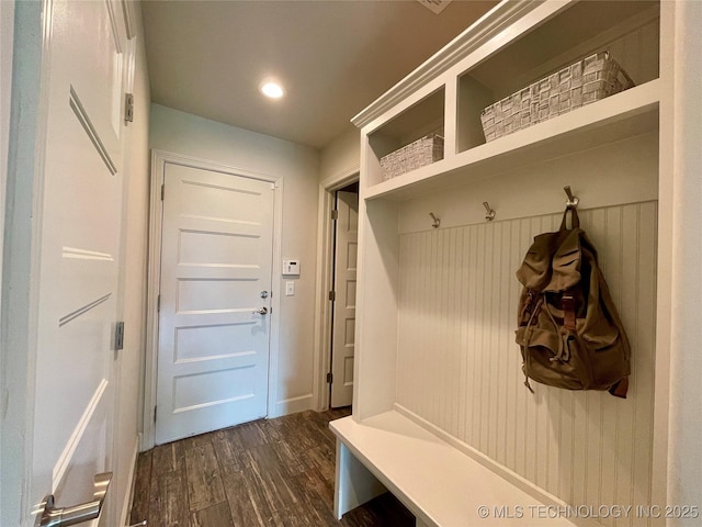 mudroom featuring dark wood-type flooring and recessed lighting