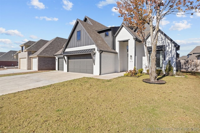 modern farmhouse with brick siding, concrete driveway, a residential view, a front lawn, and board and batten siding