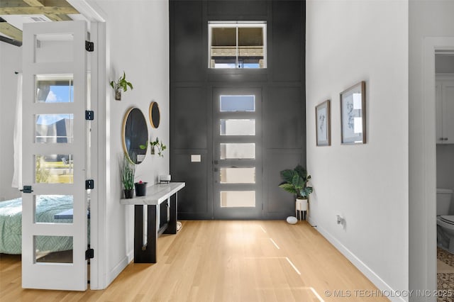 entryway featuring a healthy amount of sunlight, light wood finished floors, and baseboards