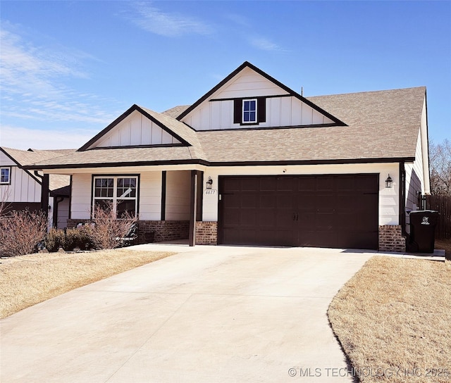 view of front of house with board and batten siding, brick siding, driveway, and roof with shingles