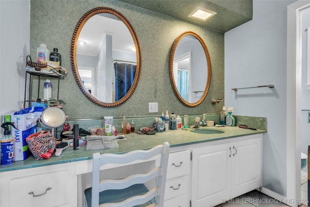 full bath with crown molding and vanity