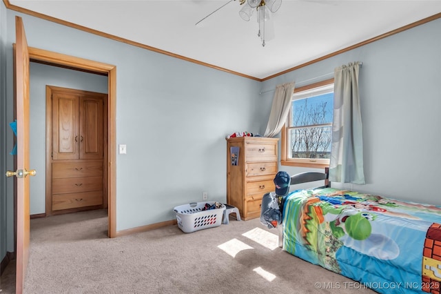 bedroom with ceiling fan, baseboards, crown molding, and light colored carpet