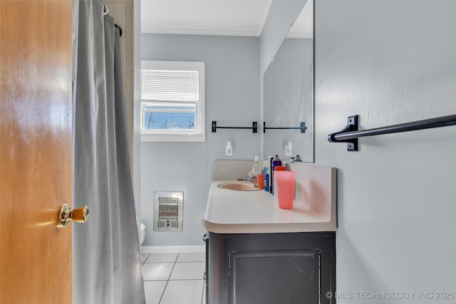 full bath featuring tile patterned flooring, toilet, vanity, and heating unit