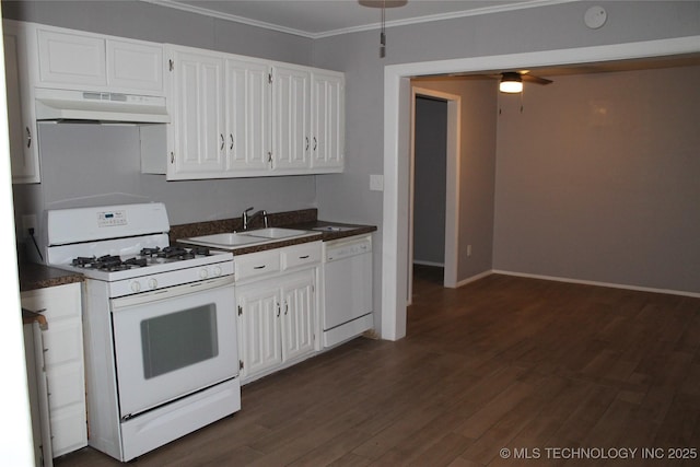 kitchen featuring dark countertops, under cabinet range hood, white appliances, white cabinetry, and a ceiling fan