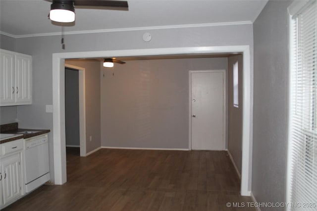 kitchen featuring dark wood-type flooring, dishwasher, crown molding, and a ceiling fan