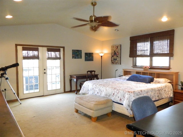 bedroom with carpet flooring, a ceiling fan, vaulted ceiling, access to outside, and french doors