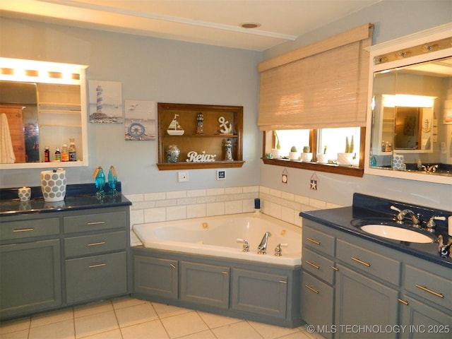 bathroom featuring a garden tub, vanity, and tile patterned floors