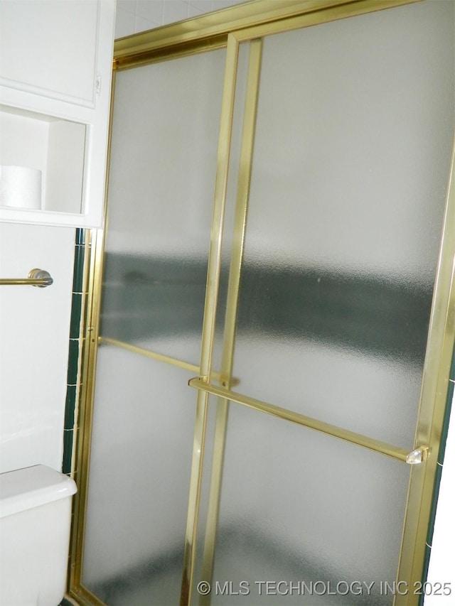 full bathroom featuring toilet and an enclosed shower