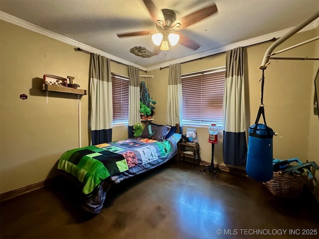 bedroom with finished concrete floors, crown molding, baseboards, and ceiling fan