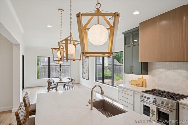 1641 E 32nd St, Tulsa, OK 74105 - kitchen featuring high end stainless steel range, tasteful backsplash, plenty of natural light, light wood-type flooring, and recessed lighting