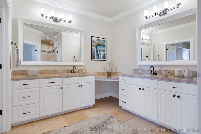 bathroom with crown molding, two vanities, a sink, and a tile shower