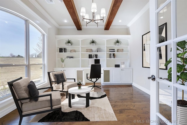 sitting room with baseboards, french doors, beam ceiling, dark wood finished floors, and an inviting chandelier