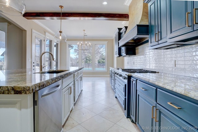 kitchen with dishwasher, an island with sink, beam ceiling, pendant lighting, and a sink