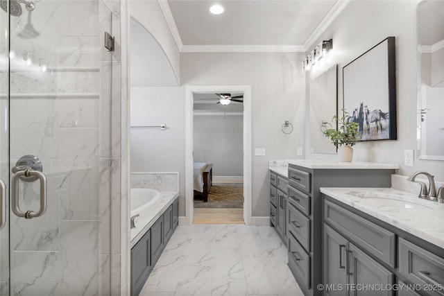 full bath with a ceiling fan, ensuite bath, ornamental molding, marble finish floor, and a shower stall