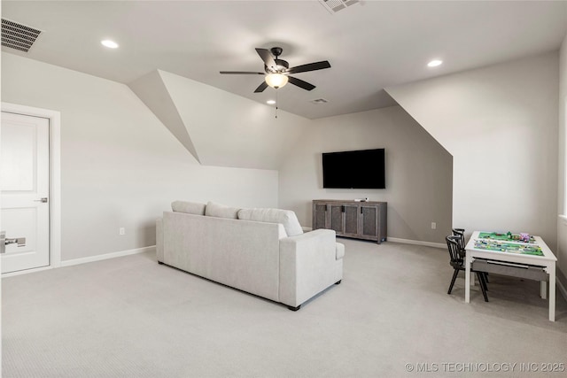 living room with recessed lighting, light carpet, a ceiling fan, baseboards, and visible vents