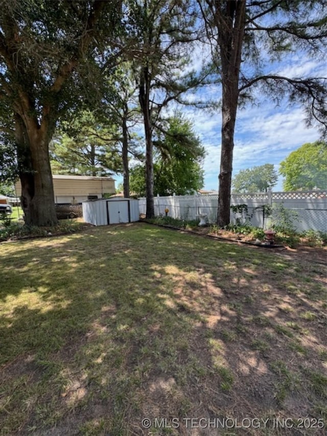 view of yard with a fenced backyard, an outdoor structure, and a shed