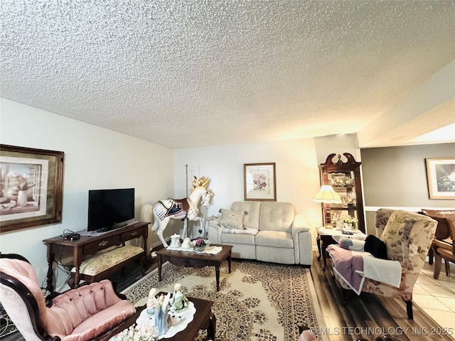 living area with wood finished floors and a textured ceiling