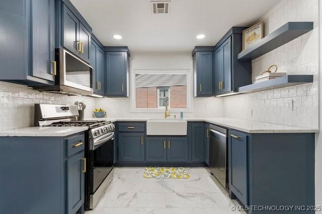 kitchen featuring marble finish floor, open shelves, visible vents, appliances with stainless steel finishes, and a sink