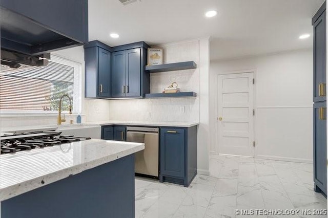 kitchen featuring recessed lighting, marble finish floor, blue cabinetry, dishwasher, and wall chimney exhaust hood