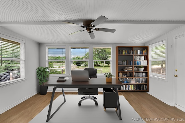 office space featuring ceiling fan, baseboards, and wood finished floors