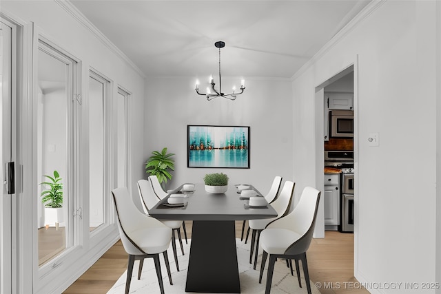 dining space with light wood finished floors, crown molding, and an inviting chandelier