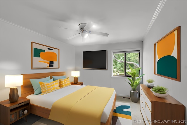 bedroom featuring a ceiling fan, visible vents, and crown molding