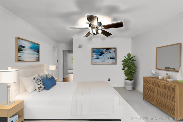 bedroom with light carpet, ceiling fan, baseboards, and crown molding