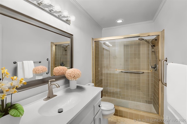 full bath with a shower stall, toilet, and crown molding