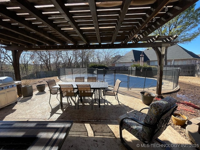 view of patio with outdoor dining area, a fenced backyard, and a pergola