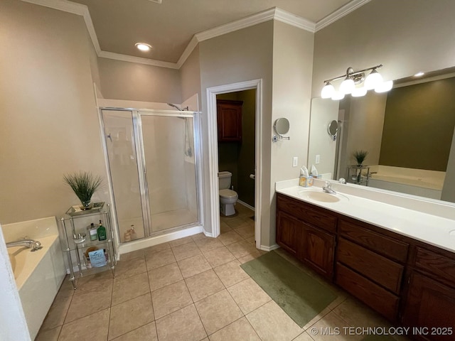 full bath with tile patterned flooring, a garden tub, toilet, and crown molding