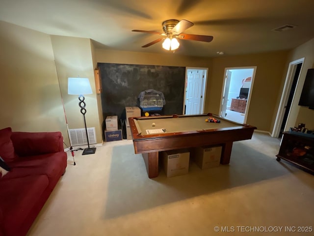 playroom with carpet, visible vents, billiards, and ceiling fan