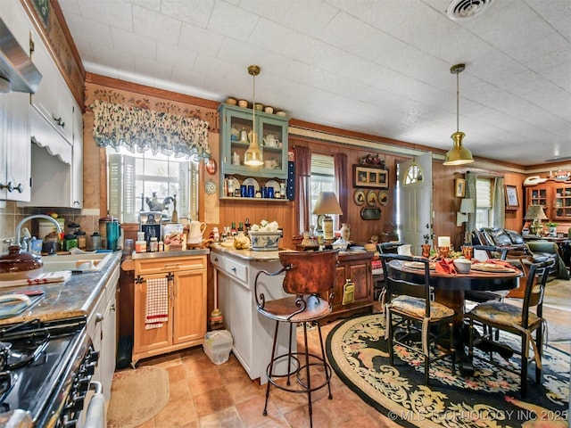 kitchen featuring glass insert cabinets, a healthy amount of sunlight, decorative light fixtures, and visible vents