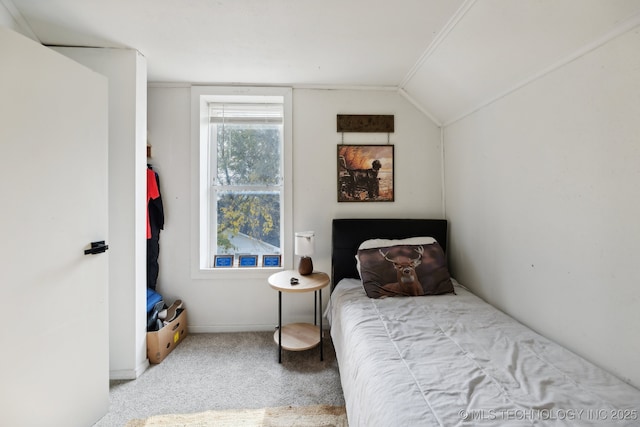 carpeted bedroom with lofted ceiling and baseboards