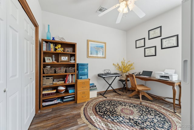 home office featuring a ceiling fan, dark wood-style flooring, visible vents, and baseboards