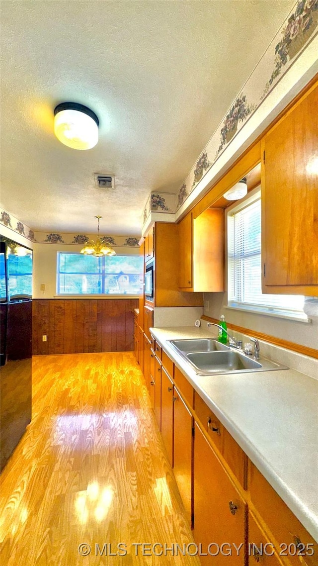 kitchen with a textured ceiling, a wainscoted wall, a sink, light countertops, and built in microwave