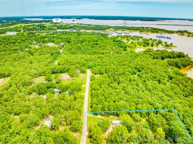 aerial view featuring a water view and a wooded view