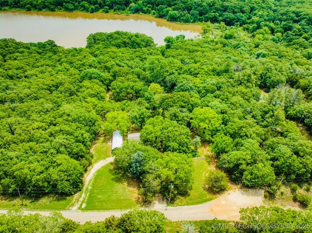 birds eye view of property with a water view and a forest view