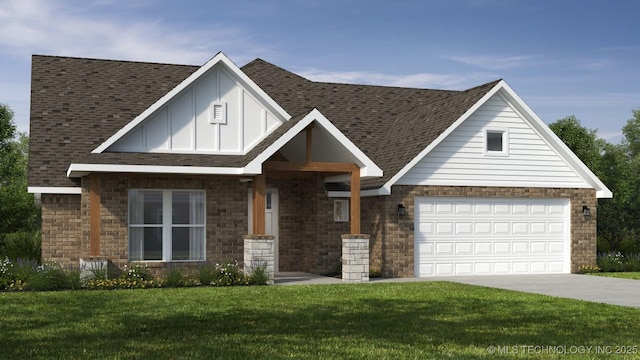 view of front of property with a front yard, concrete driveway, roof with shingles, and an attached garage