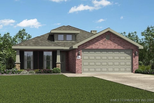 view of front of house with a garage, a front yard, brick siding, and driveway