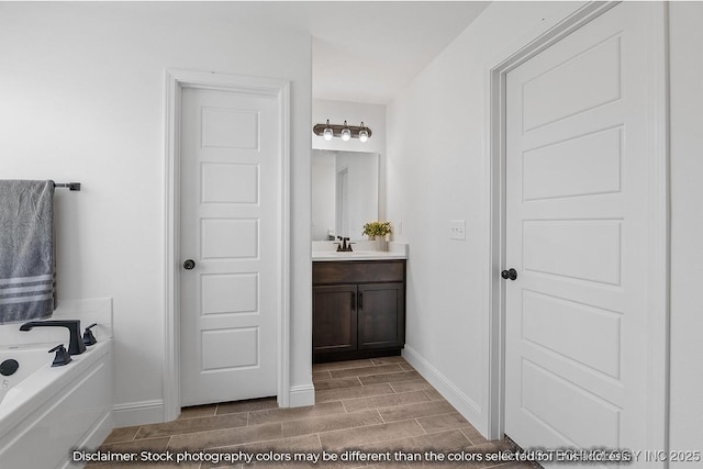 bathroom with wood finish floors, vanity, baseboards, and a bath